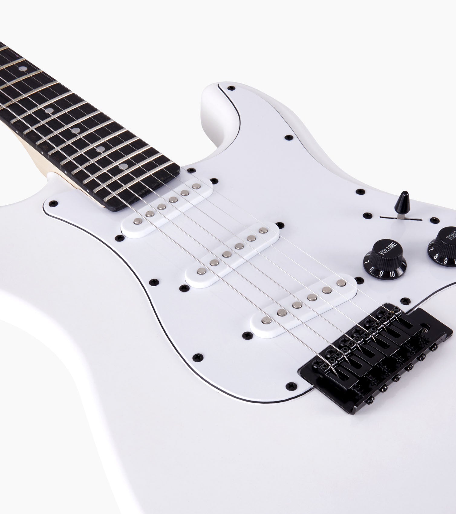 close-up of 39” White beginner electric guitar
