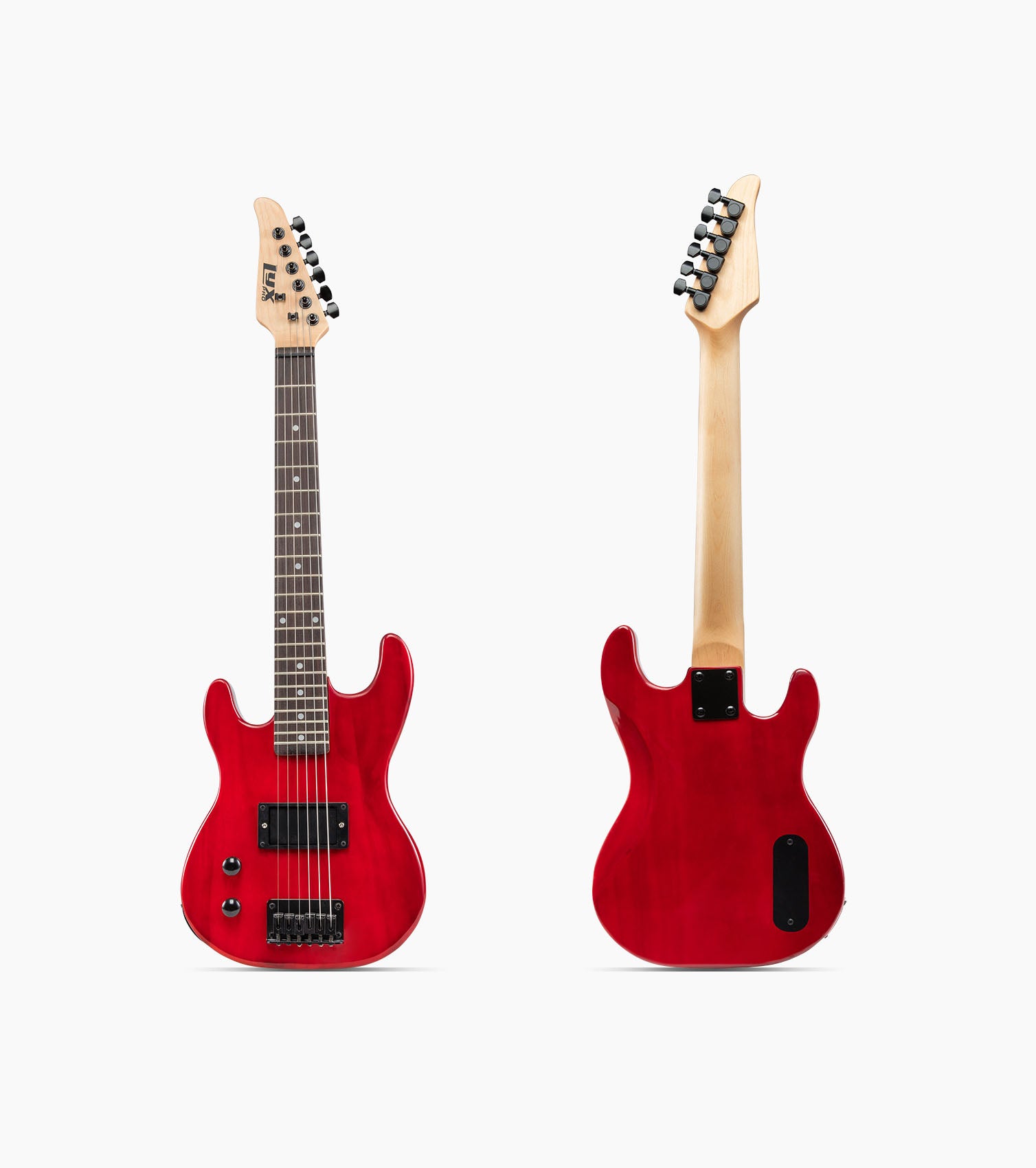 front and back of 30” Red Left Handed beginner electric guitar