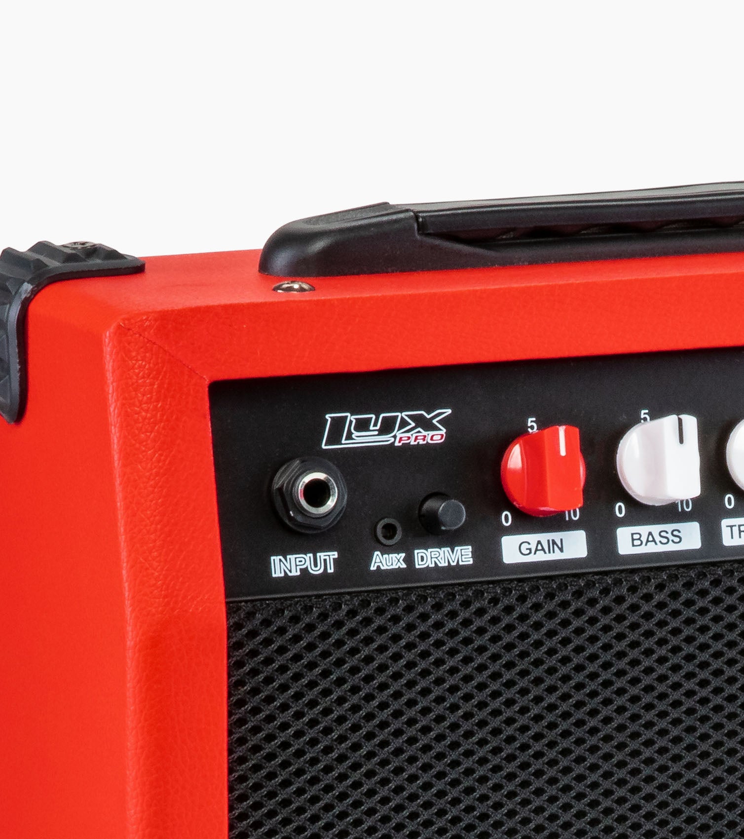 close-up of mini Left Handed electric guitar amp