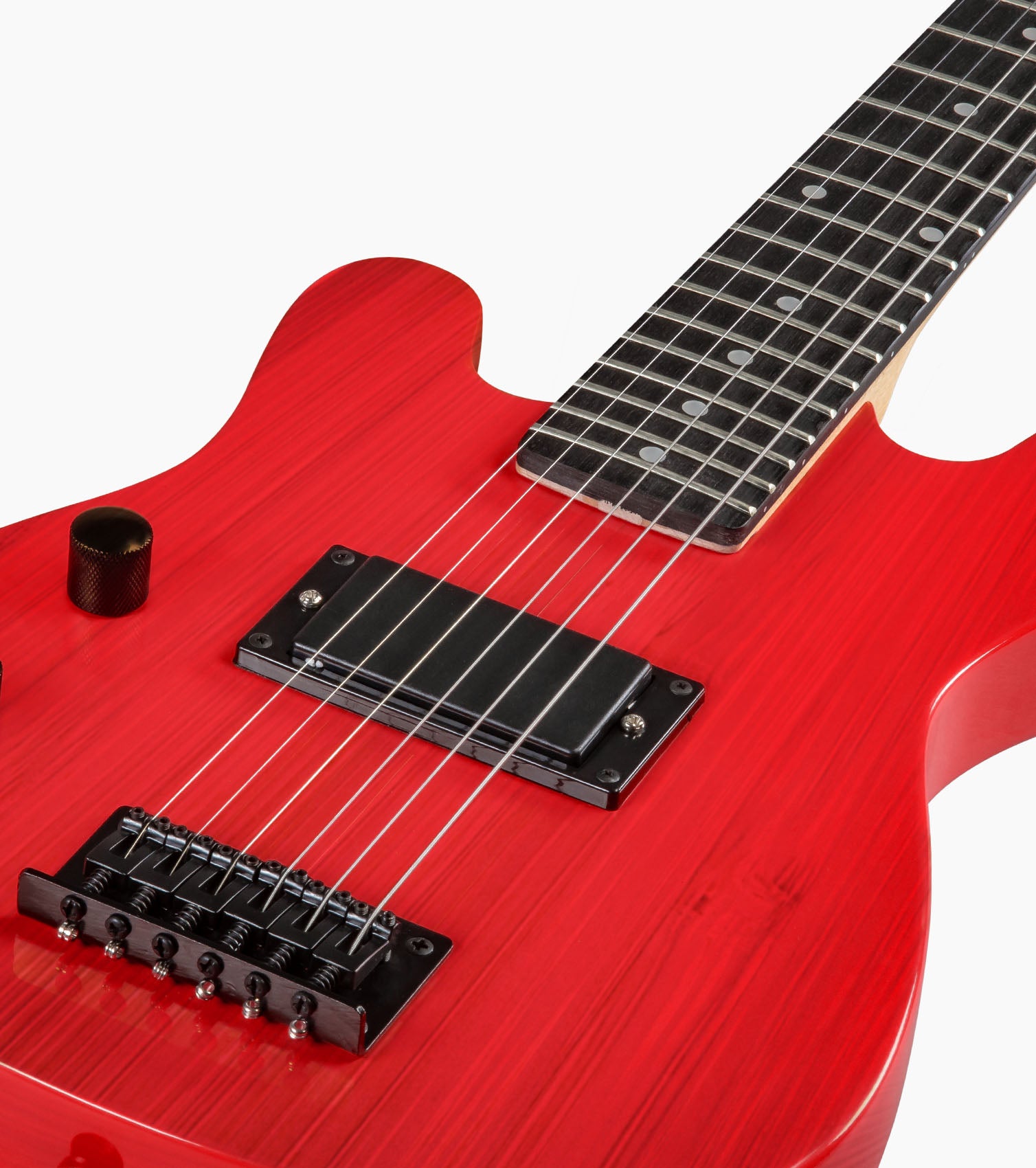 close-up of 30” Red Left Handed beginner electric guitar