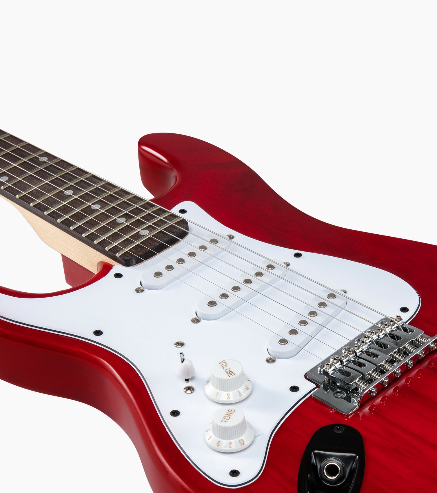 close-up of 36” Red Left Handed beginner electric guitar
