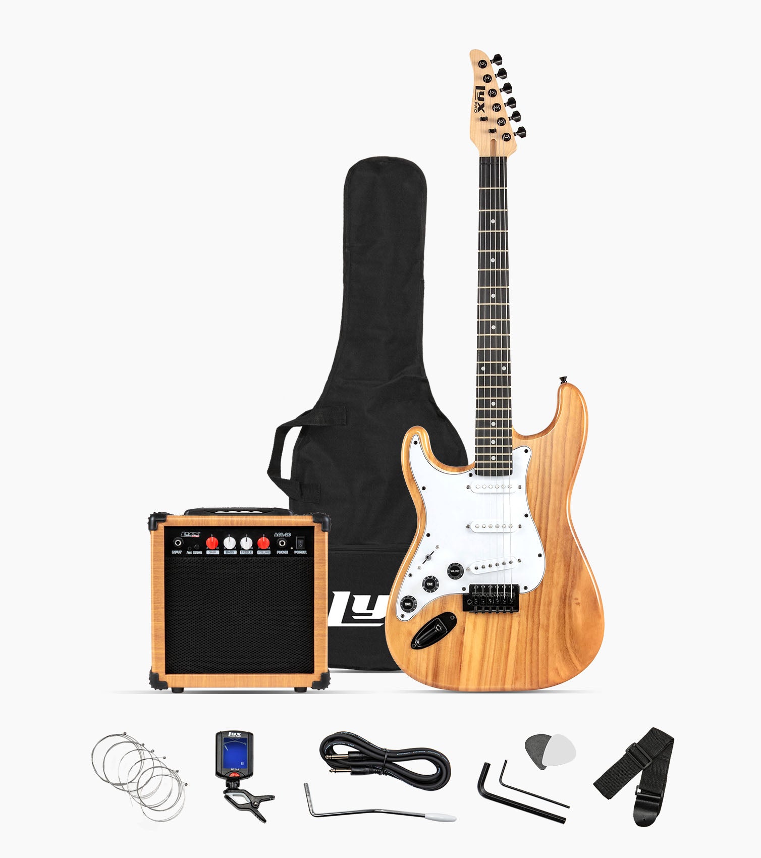 39” Left Handed Natural beginner electric guitar set with beginner electric guitar set