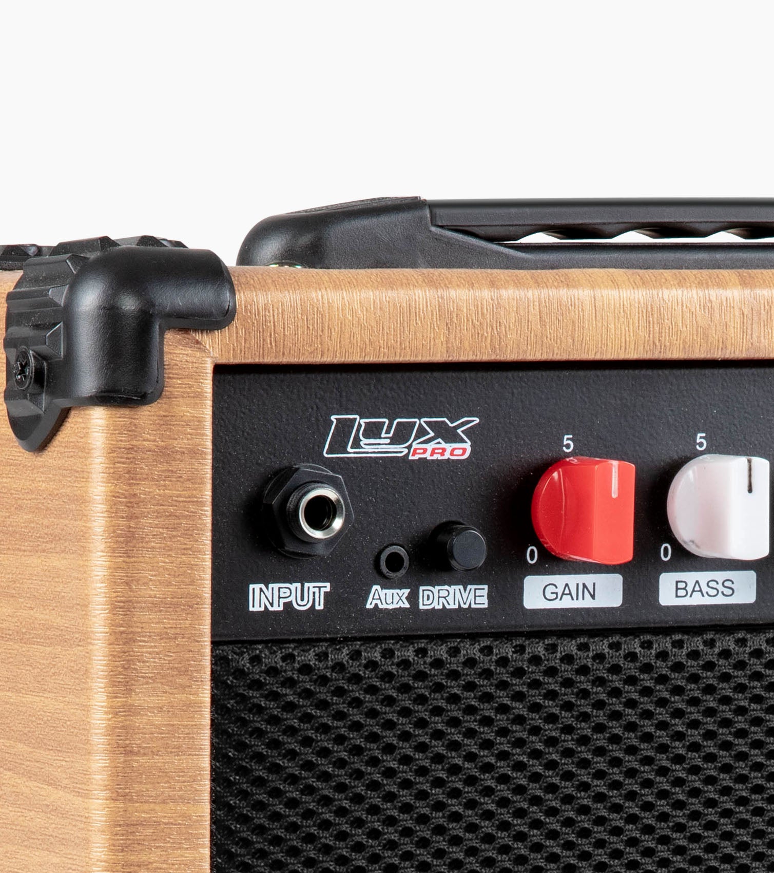 close-up of mini electric guitar amp Left Handed