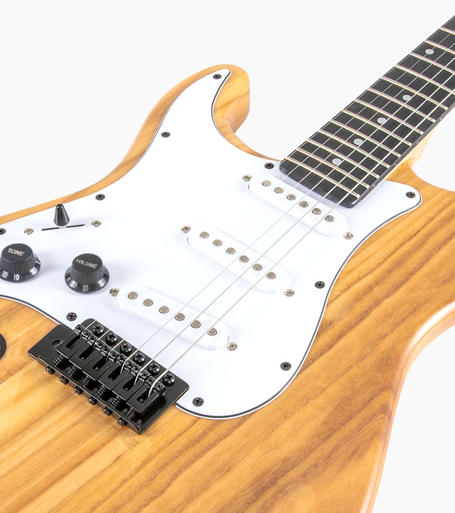 close-up of 39” Left Handed Natural beginner electric guitar