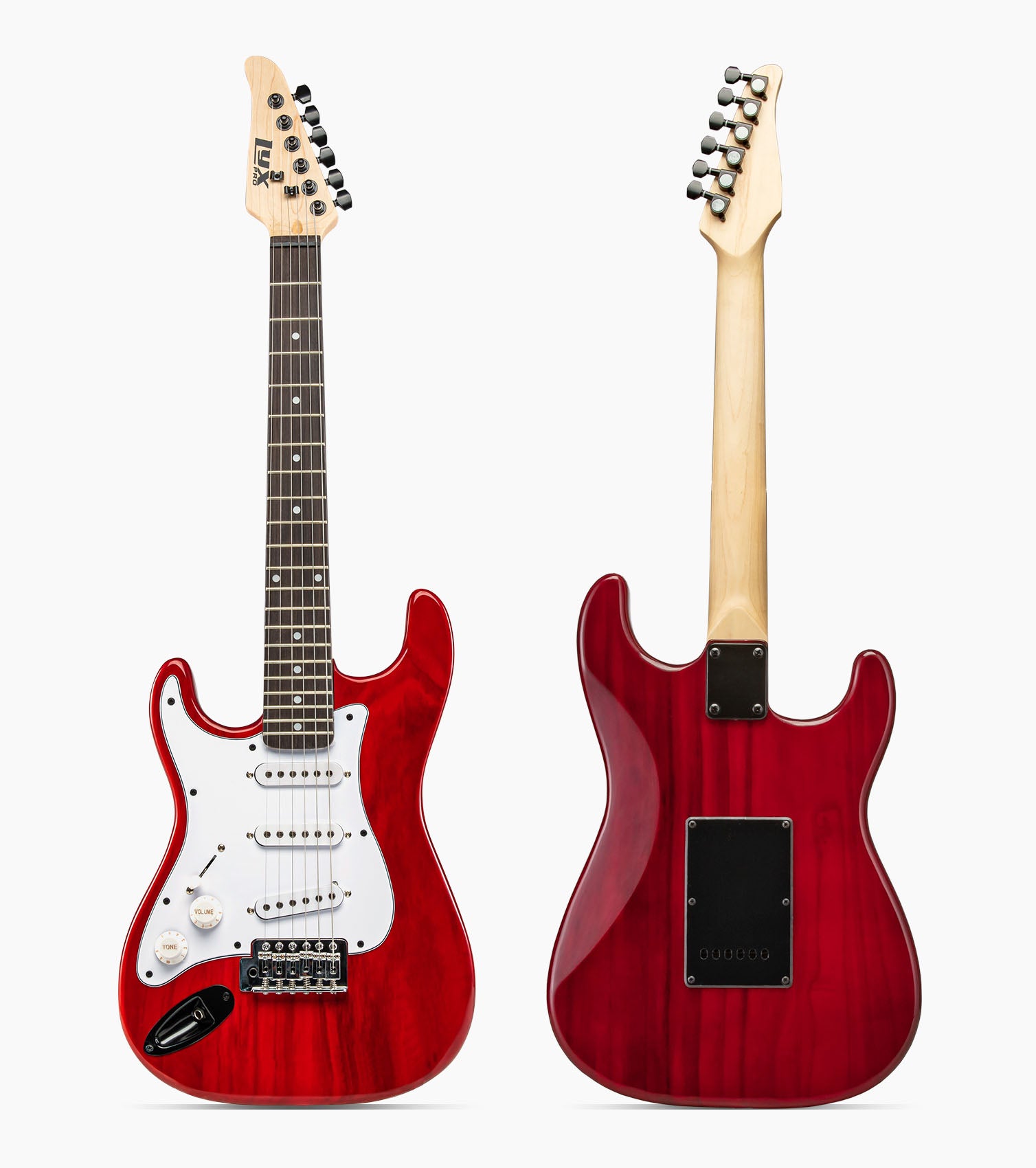 front and back of 39” Left Handed Red beginner electric guitar