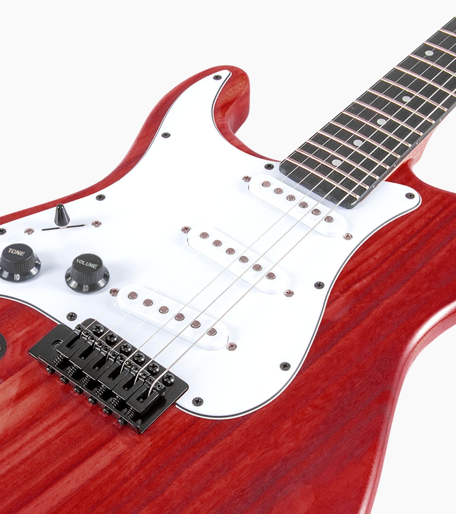 close-up of 39” Left Handed Red beginner electric guitar
