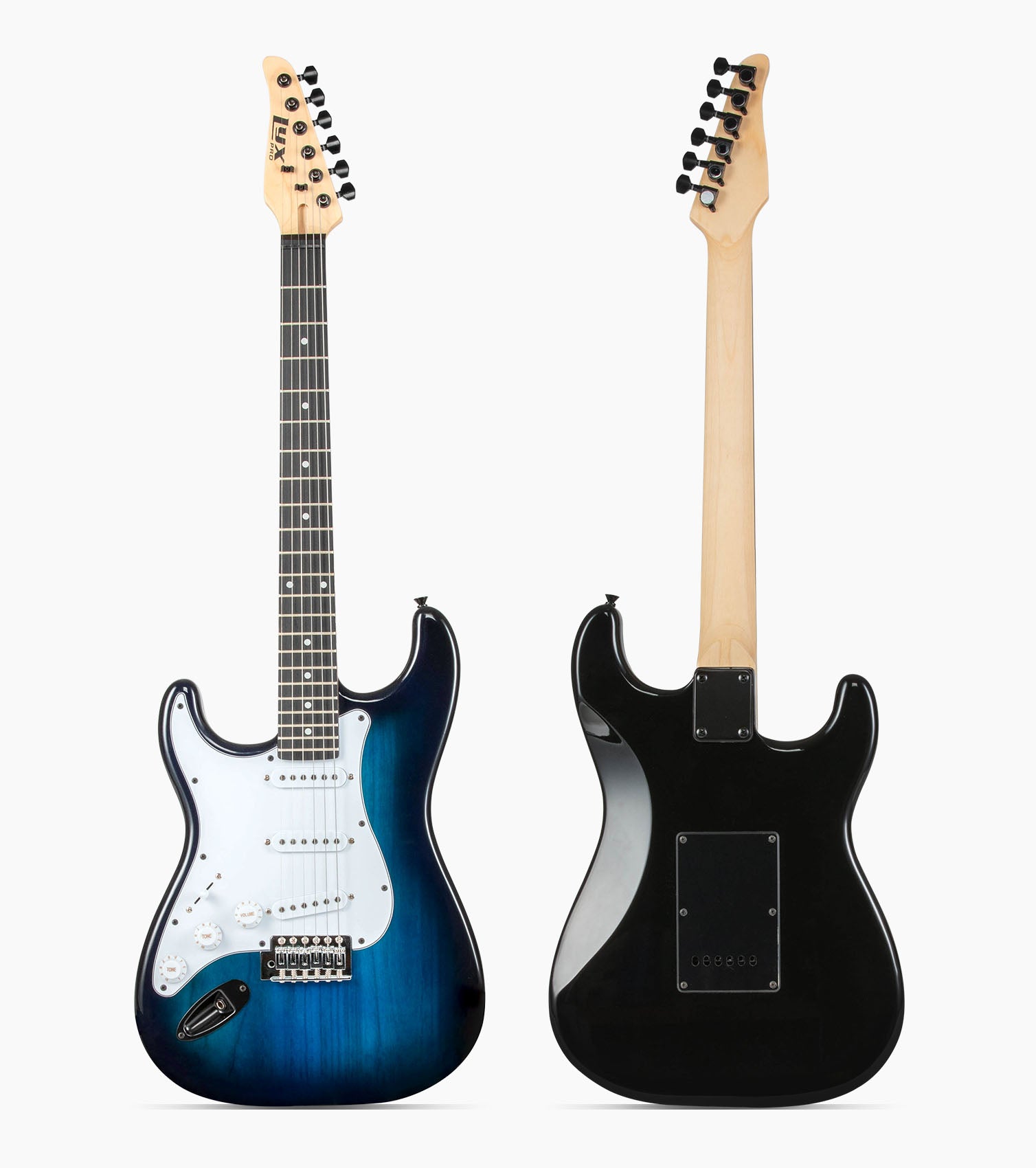 front and back of 39” Left Handed Blue beginner electric guitar