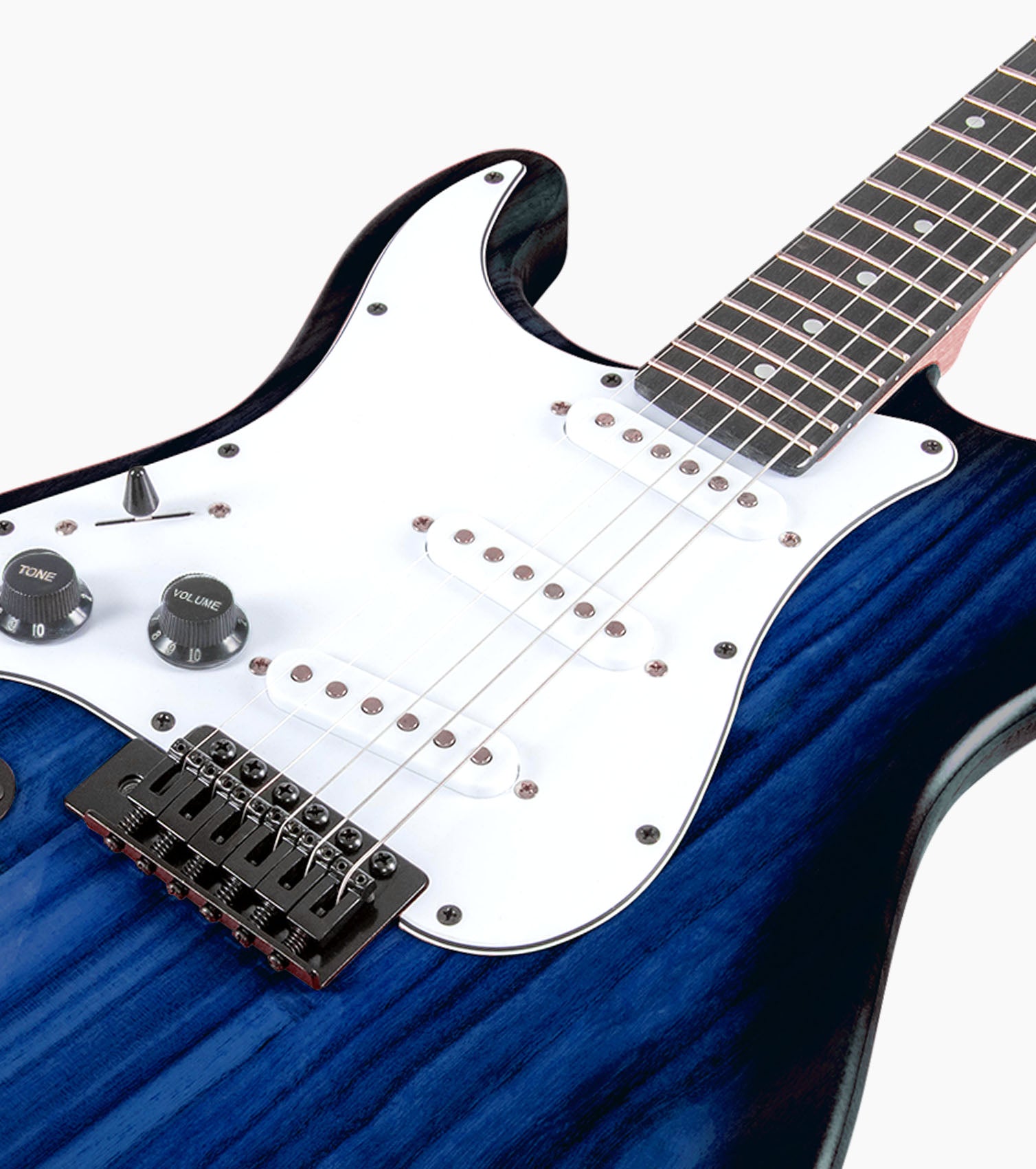 close-up of 39” Left Handed Blue beginner electric guitar