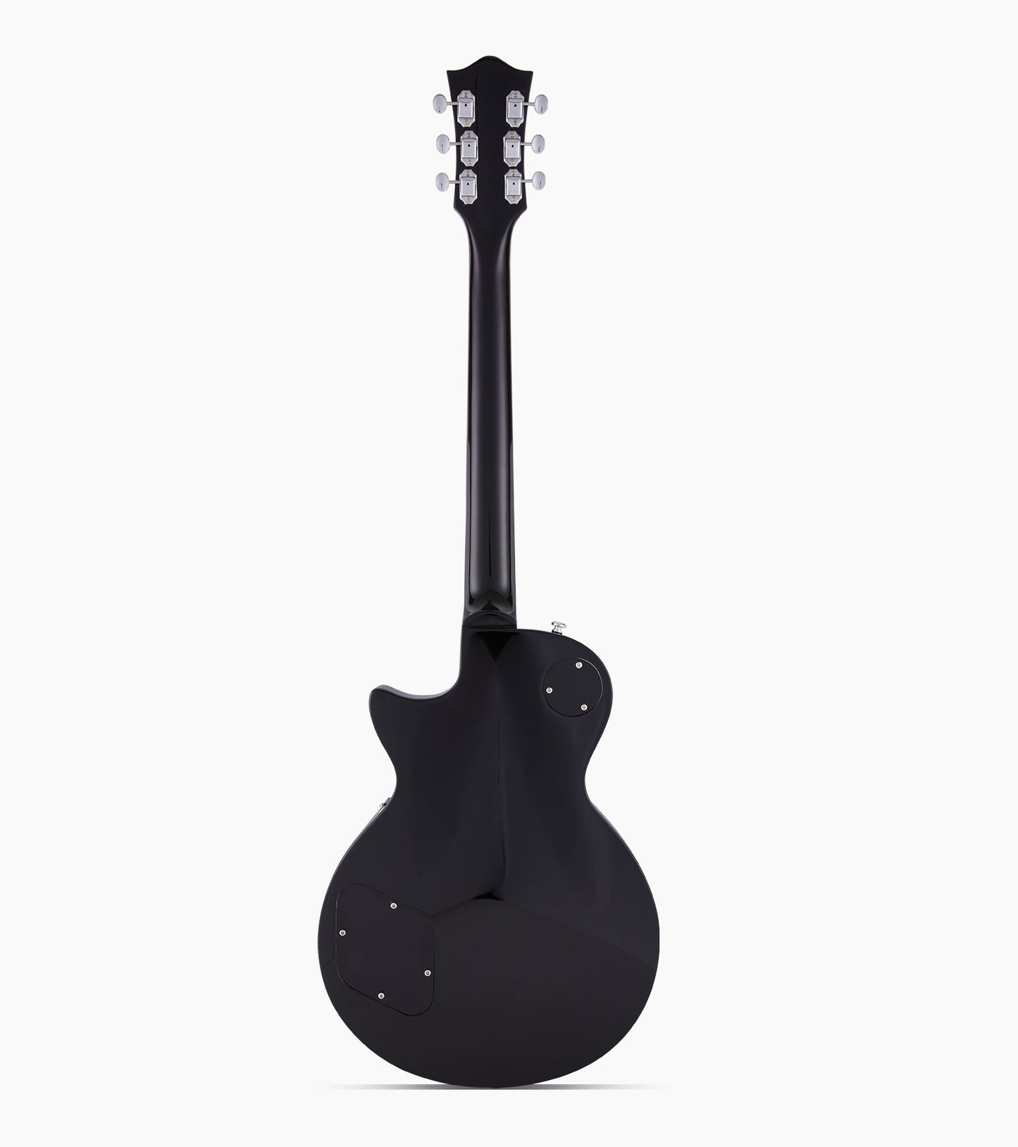 he back of a black les paul inspired electric guitar 