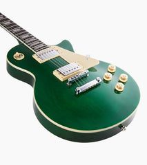 close-up of Green les paul inspired electric guitar