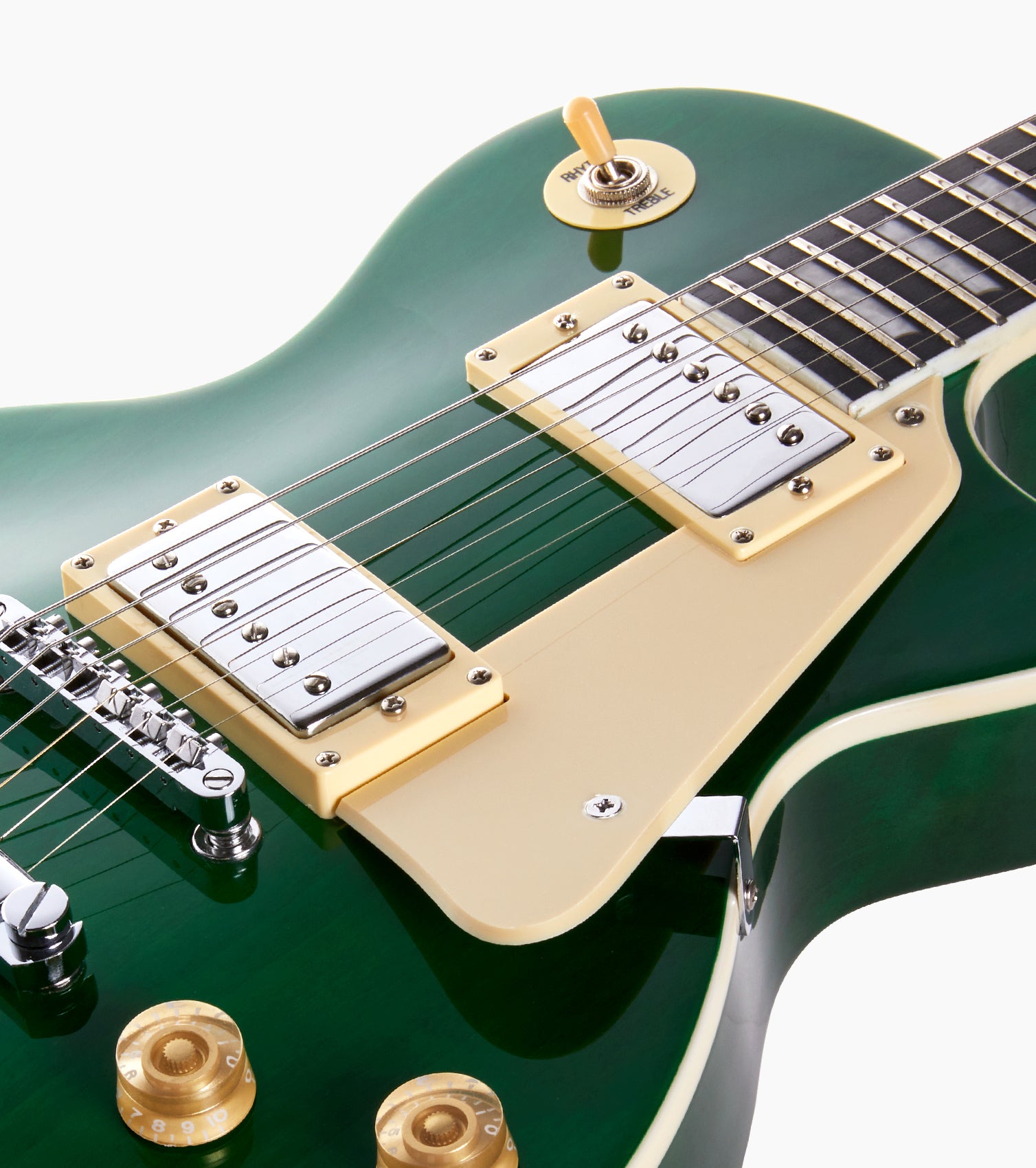 close-up of Green les paul inspired electric guitar strings