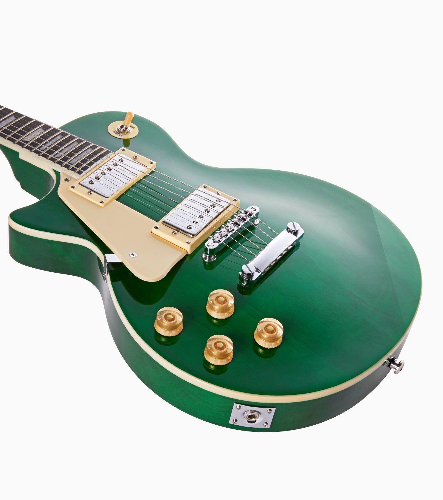 close-up of Green Left Handed les paul inspired electric guitar