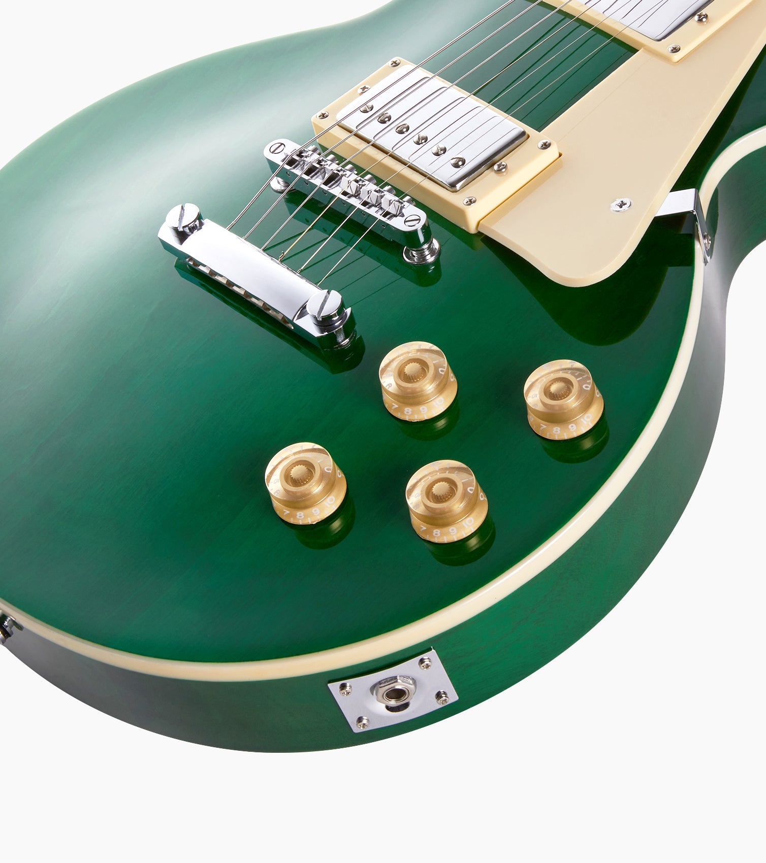 close-up of Green Left Handed beginner les paul inspired guitar knobs