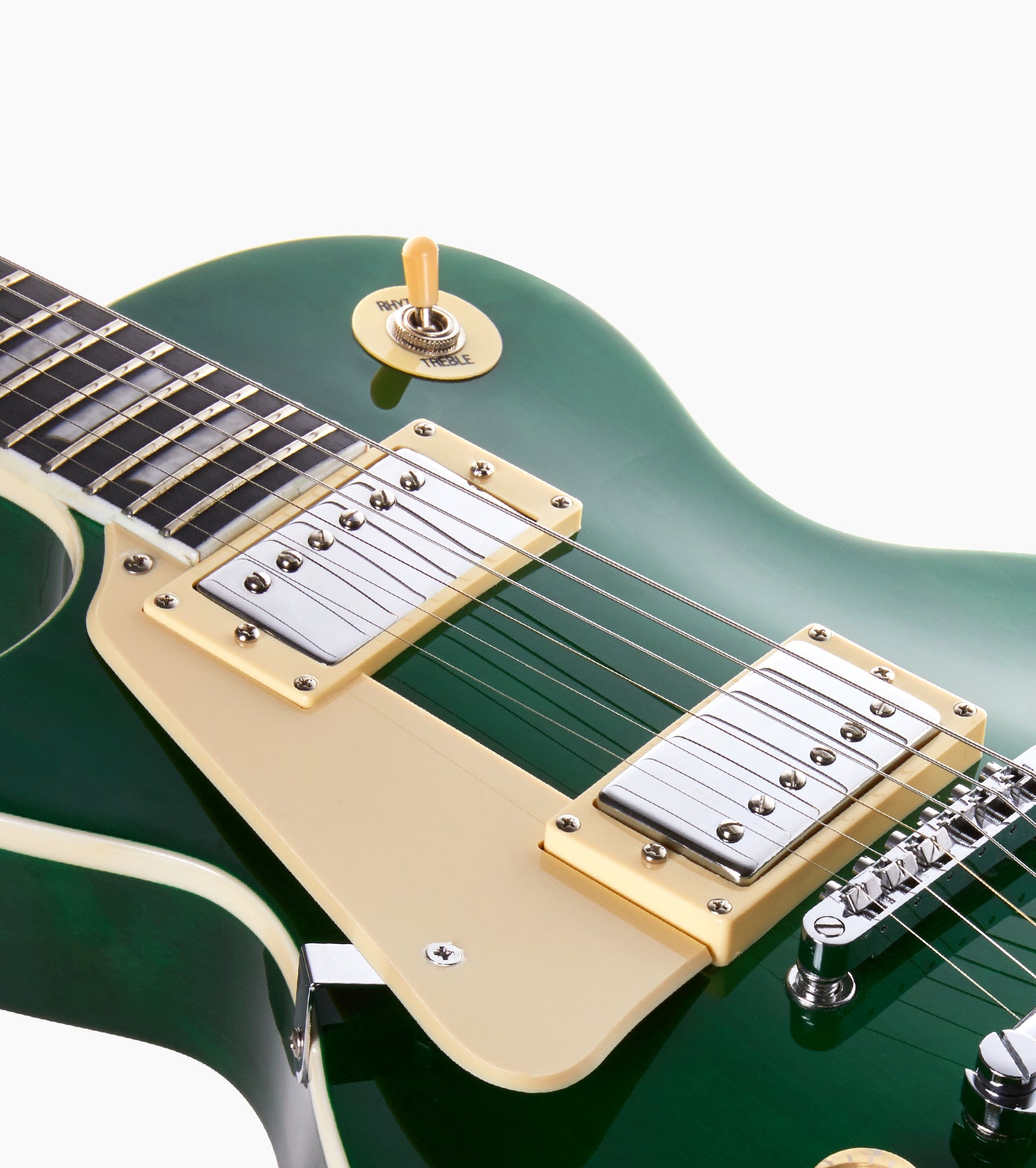 close-up of Green Left Handed les paul inspired electric guitar strings