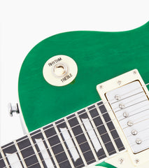close-up of Green Left Handed les paul inspired electric guitar pickup selector switch