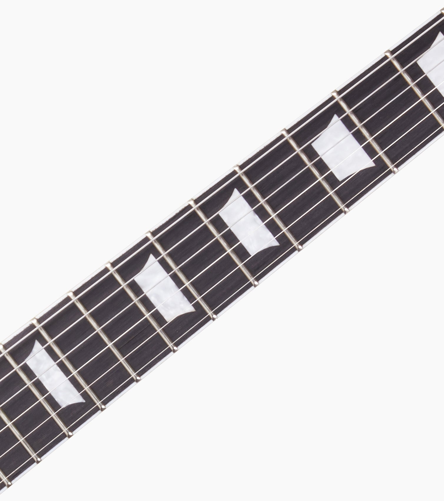 close-up of Green Left Handed les paul inspired electric guitar fretboard