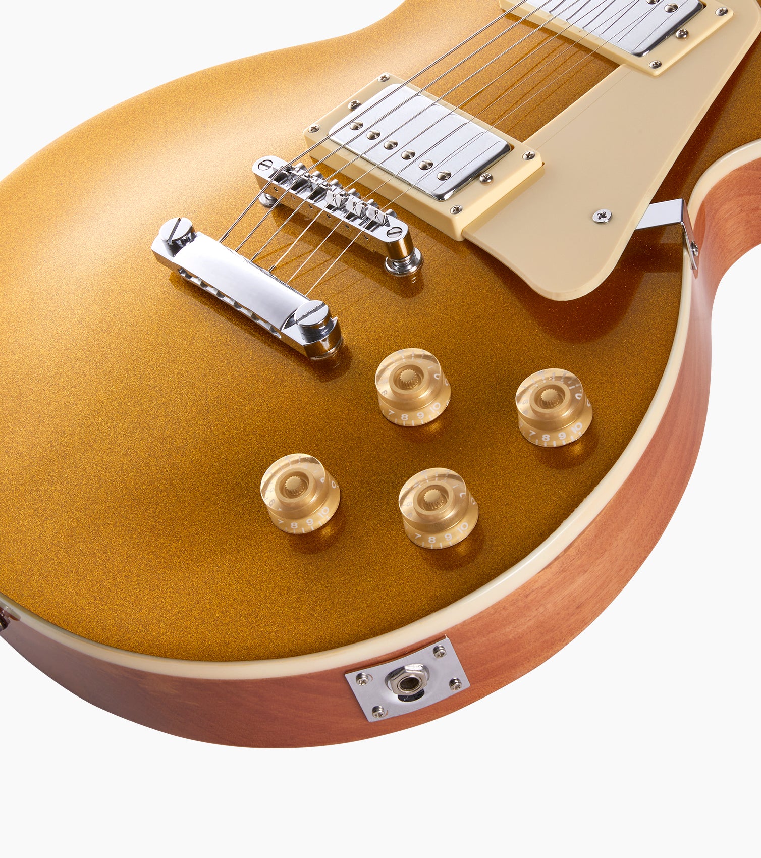 close-up of Honey beginner les paul inspired guitar knobs