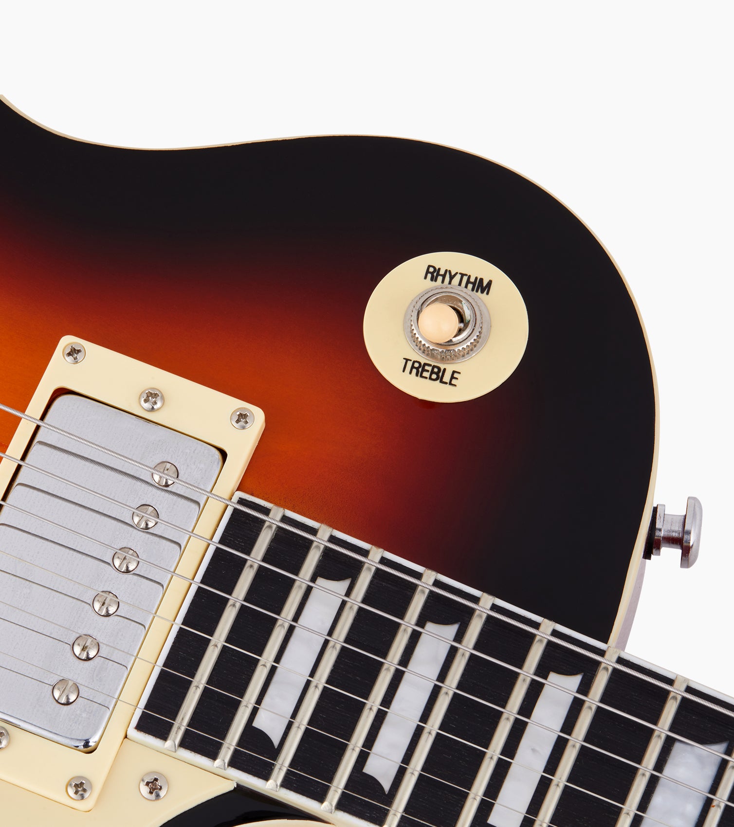 close-up of Sunburst les paul inspired electric guitar pickup selector switch