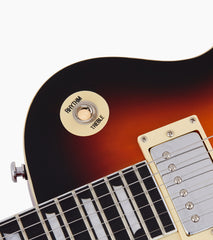 close-up of Sunburst Left Handed les paul inspired electric guitar pickup selector switch