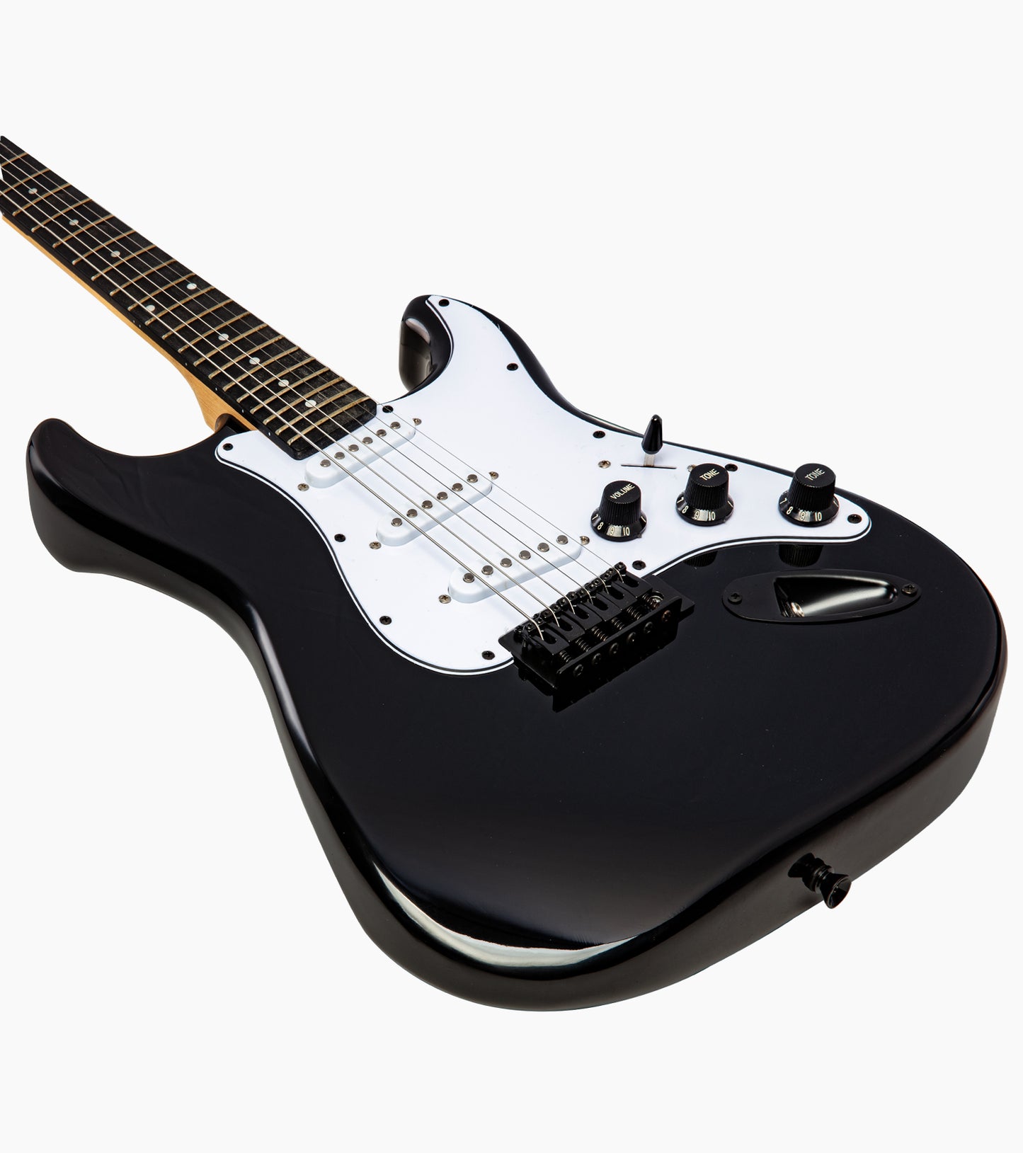 close-up of black double-cutaway beginner electric guitar