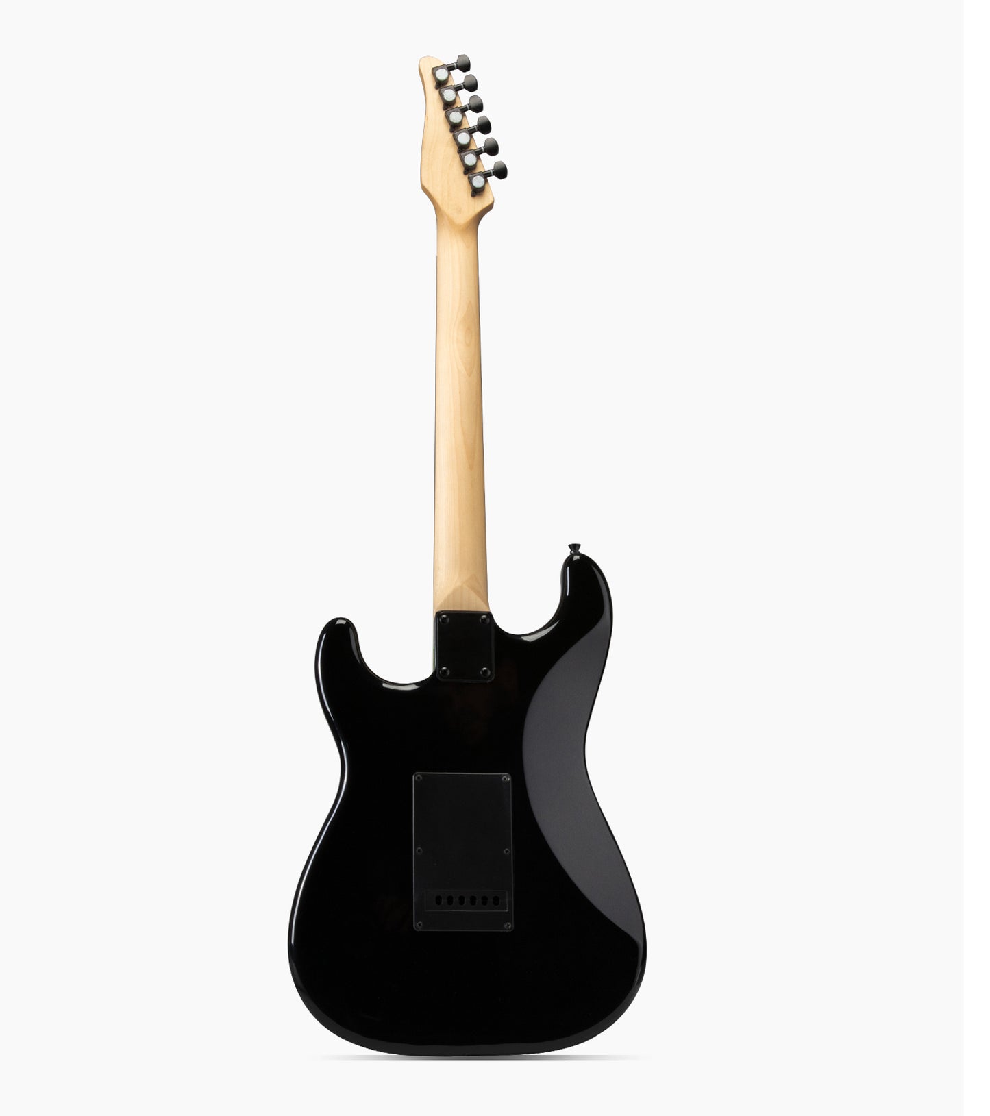 back of black double-cutaway beginner electric guitar