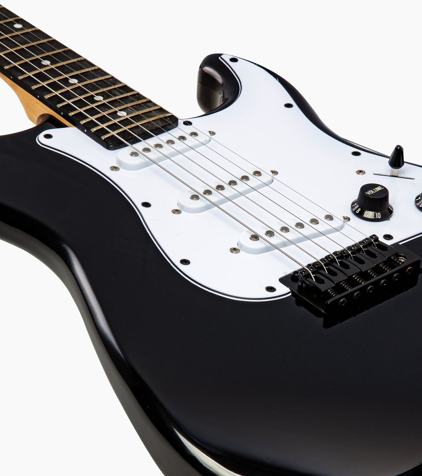 close-up of black double-cutaway beginner electric guitar