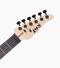 close-up of black double-cutaway beginner electric guitar head
