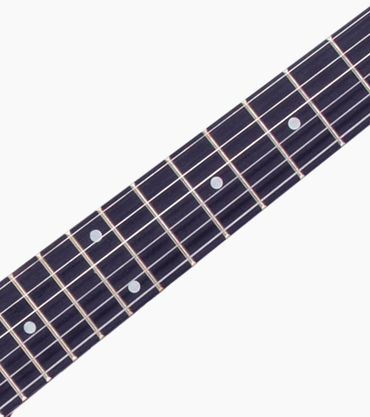 close-up of black double-cutaway beginner electric guitar fretboard 