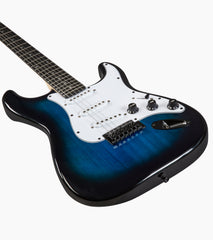 close-up of Blue double-cutaway beginner electric guitar