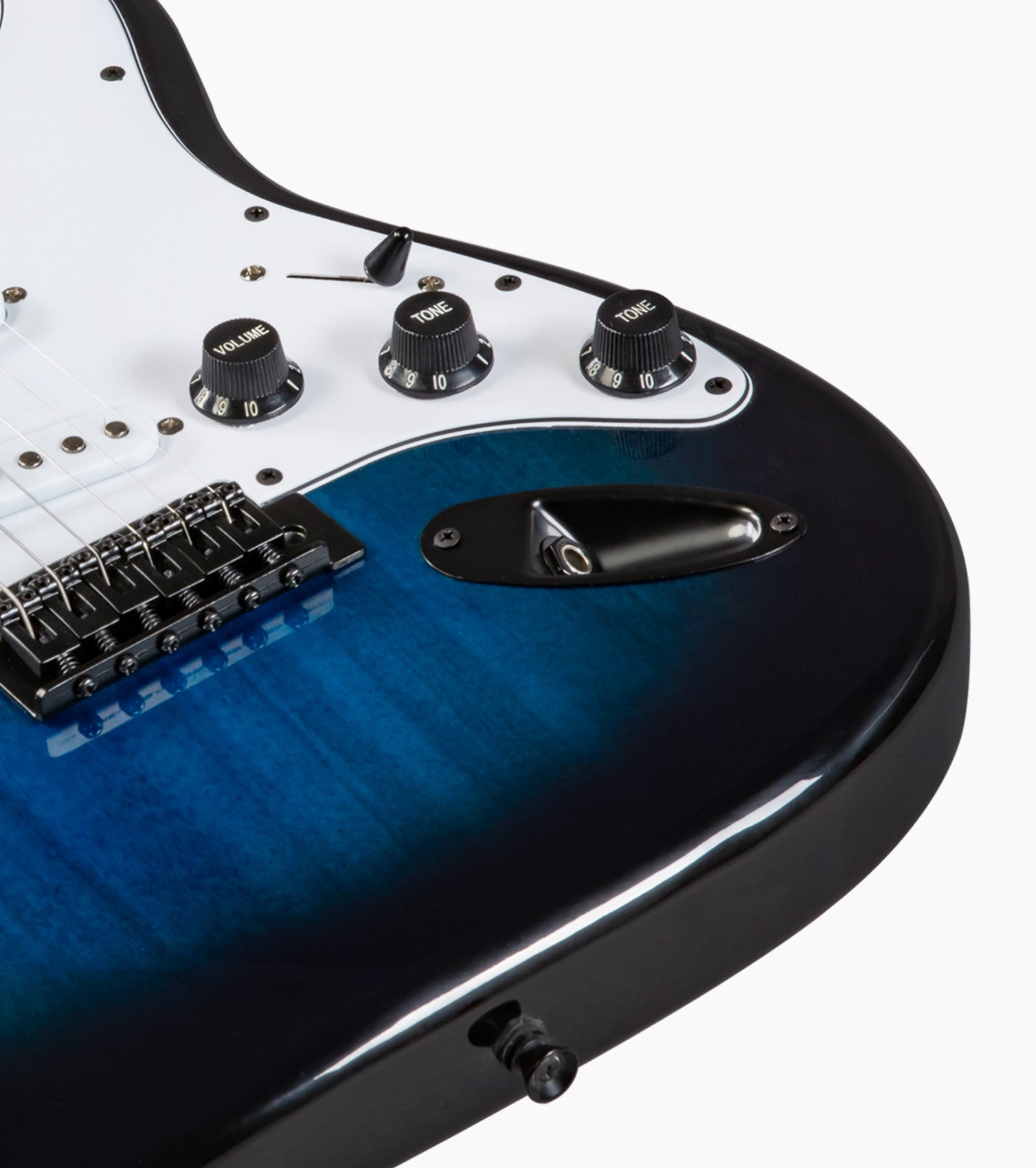 close-up of Blue double-cutaway beginner electric guitar