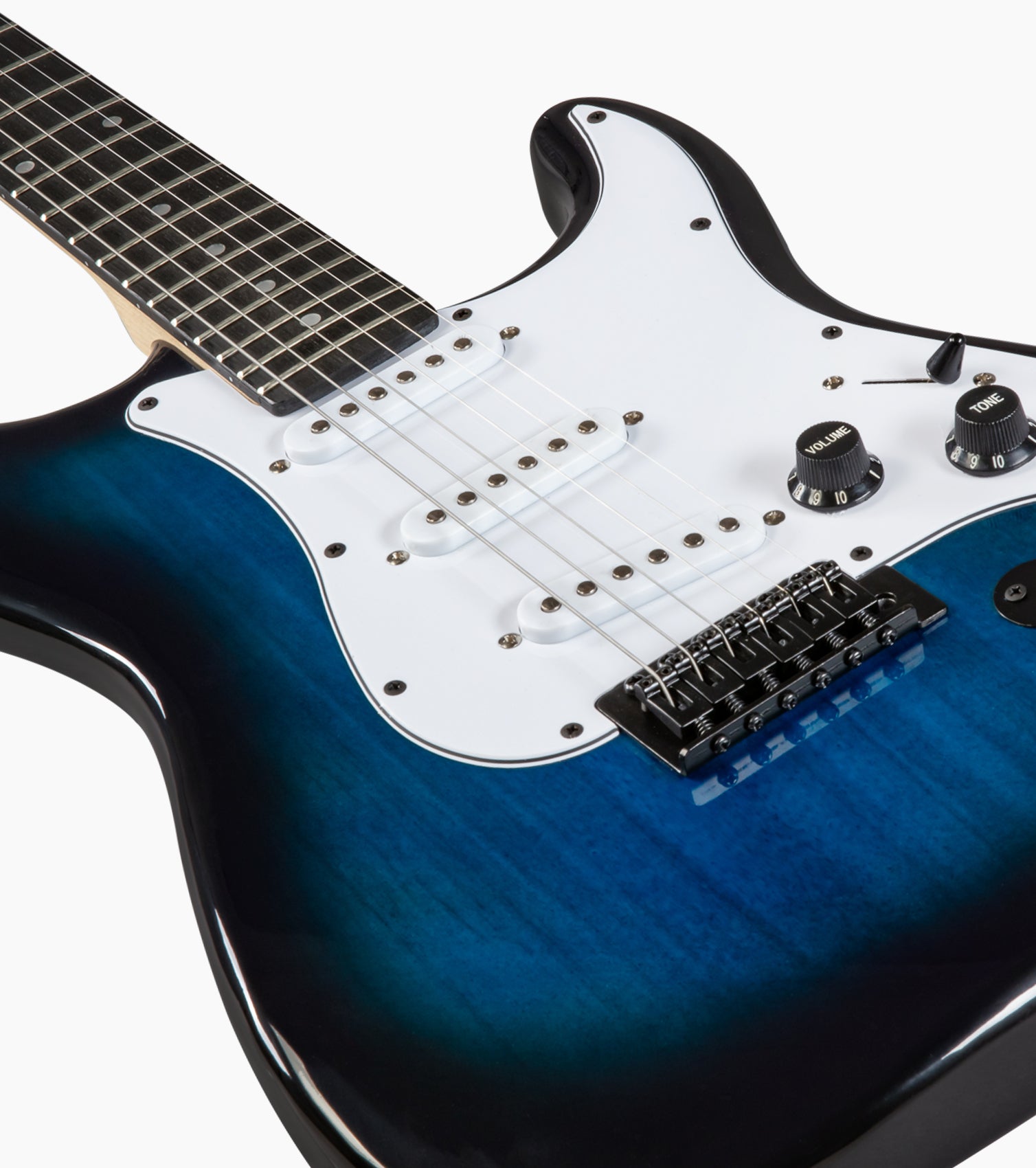 close-up of Blue double-cutaway beginner electric guitar