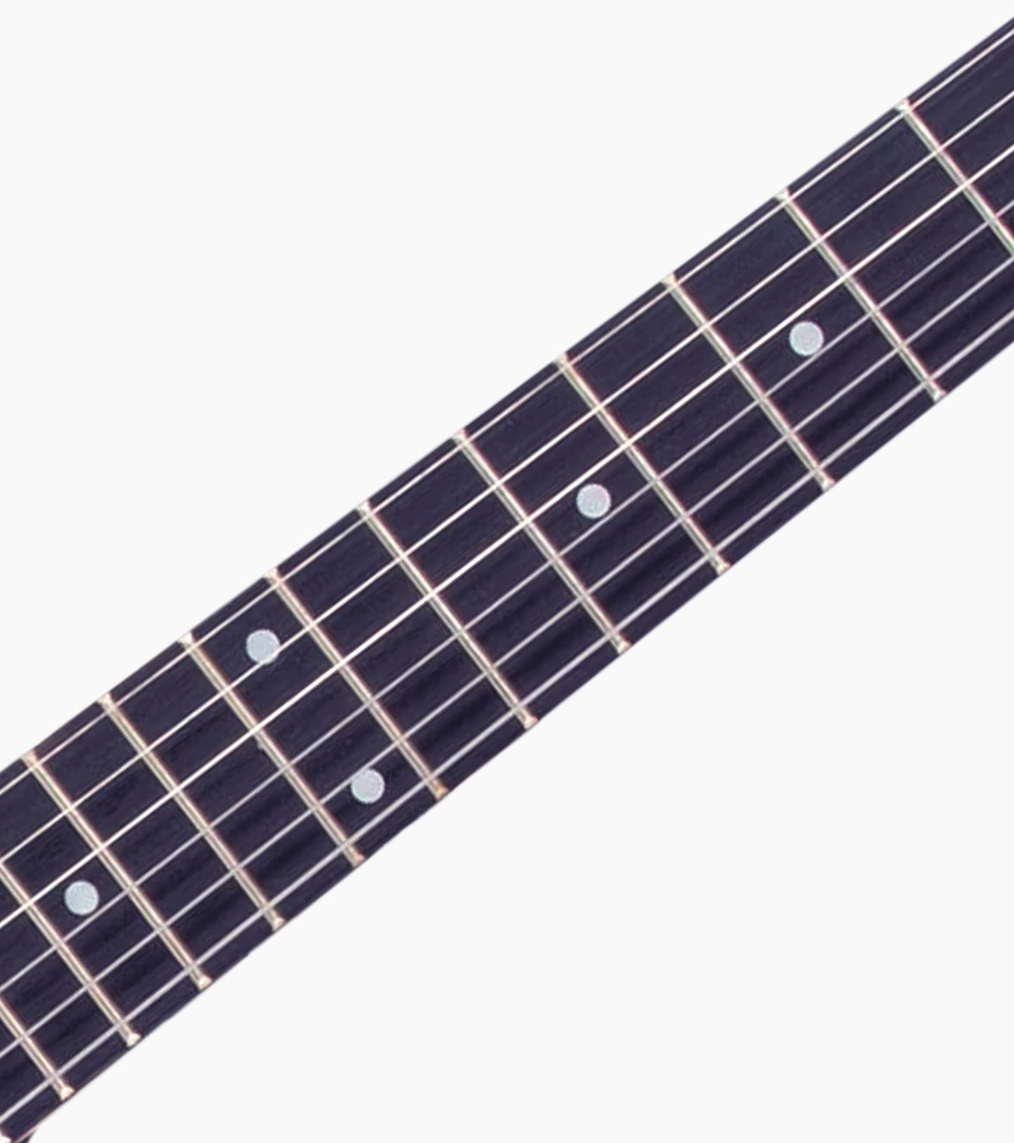 close-up of Blue double-cutaway beginner electric guitar fretboard