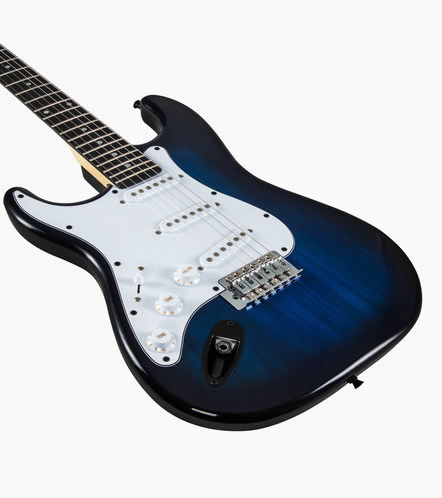 close-up of Left Handed Blue double-cutaway beginner electric guitar