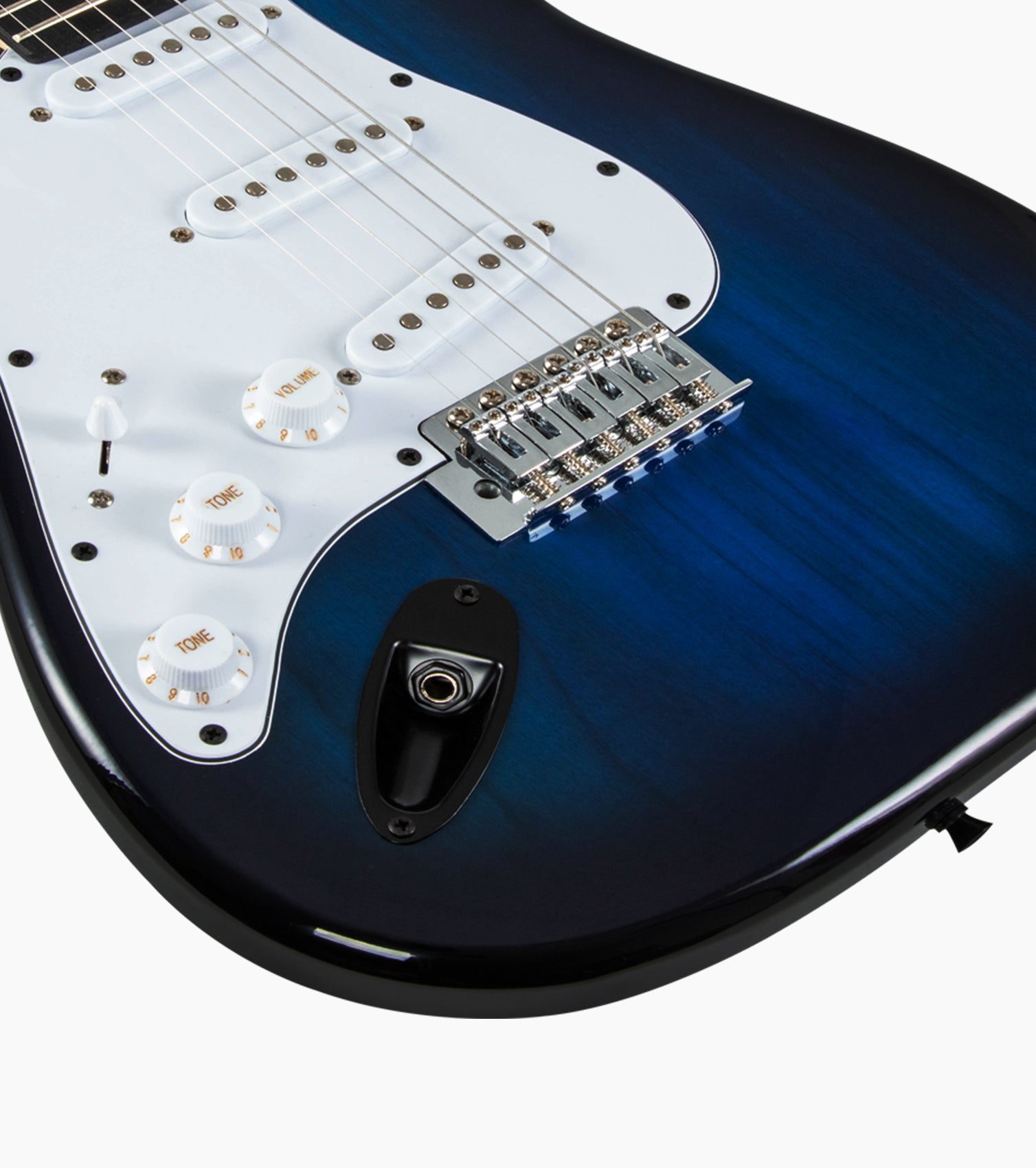 close-up of Left Handed Blue double-cutaway beginner electric guitar