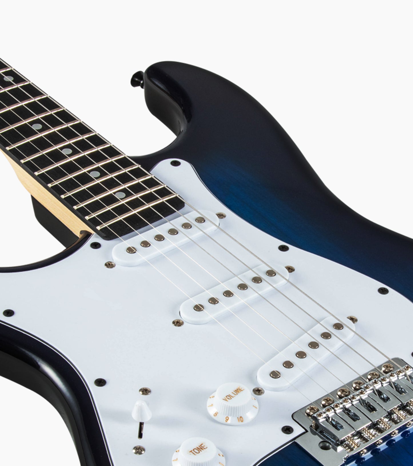 close-up of Left Handed Blue double-cutaway beginner electric guitar