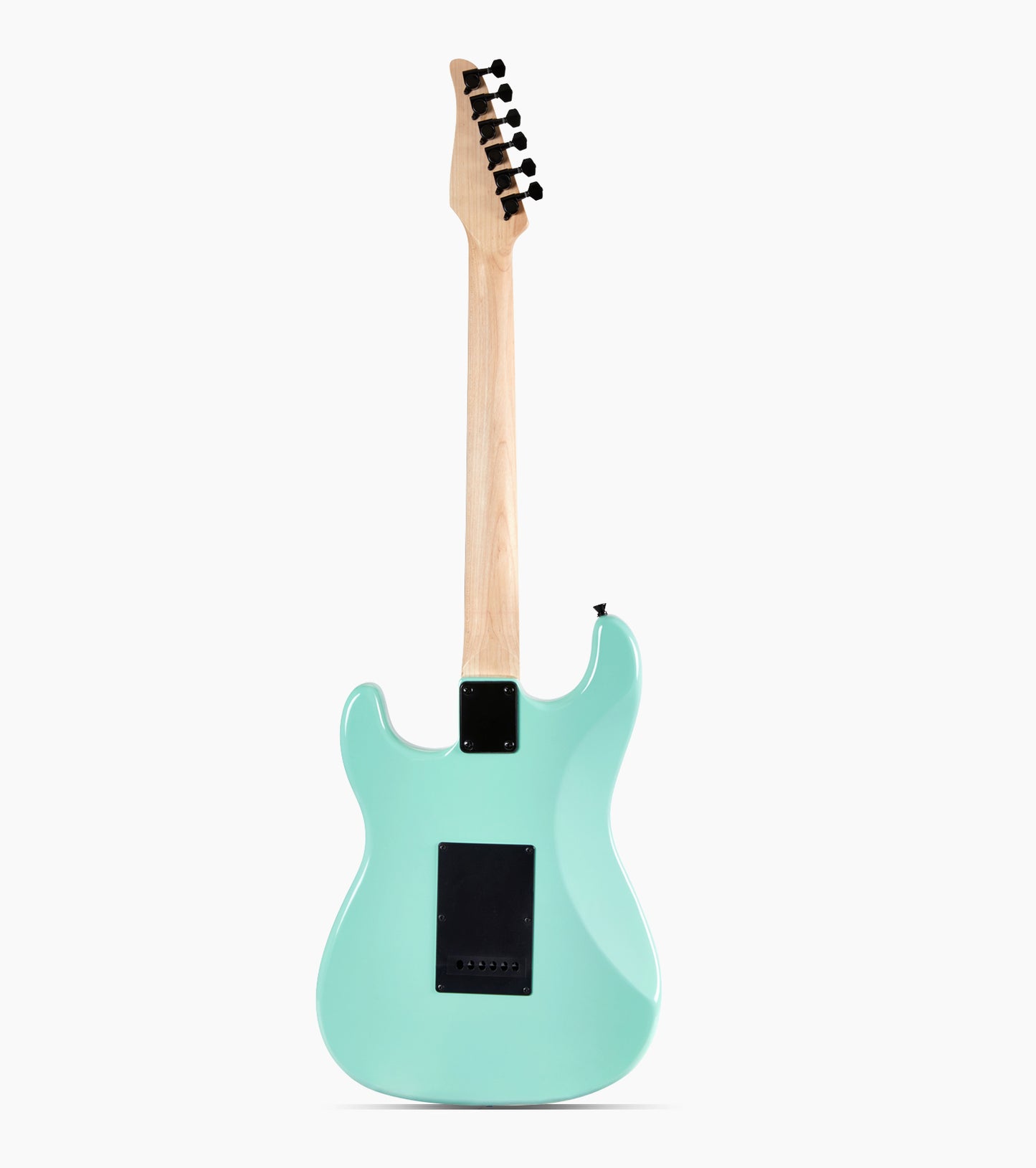 back of Green double-cutaway beginner electric guitar