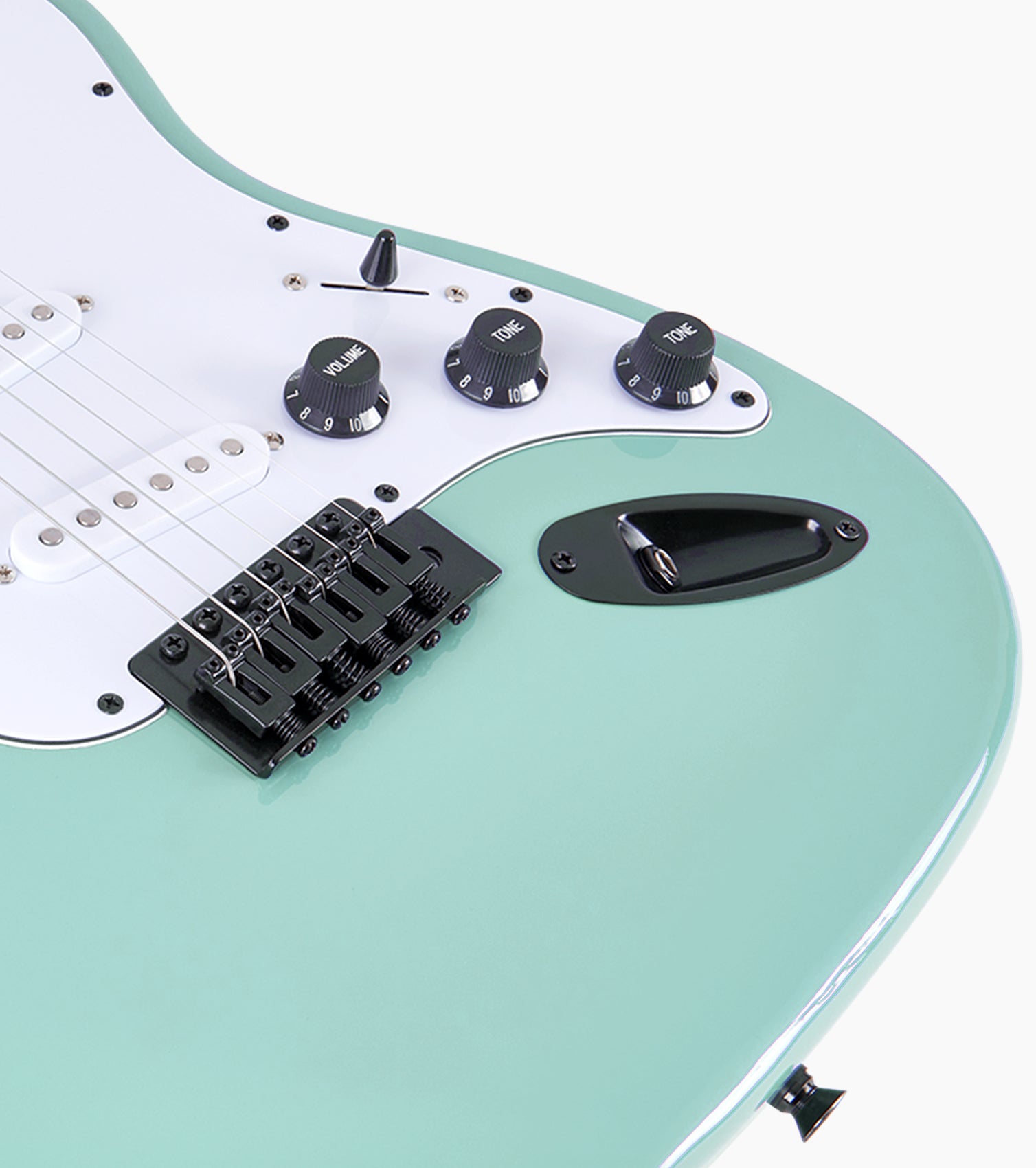 close-up of Green double-cutaway beginner electric guitar