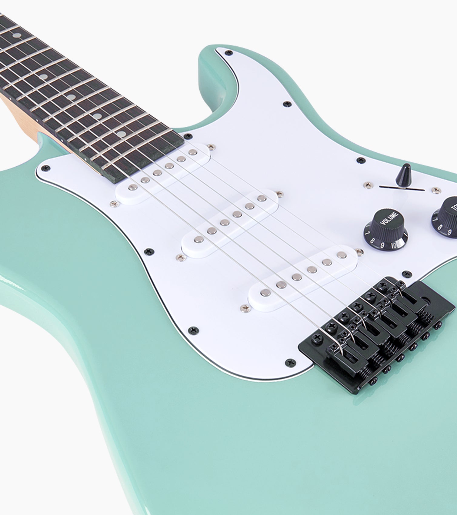 close-up of Green double-cutaway beginner electric guitar