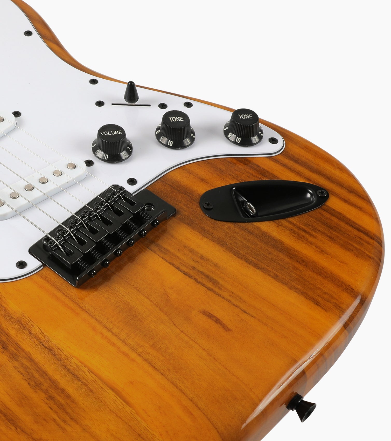 close-up of Mahogany double-cutaway beginner electric guitar