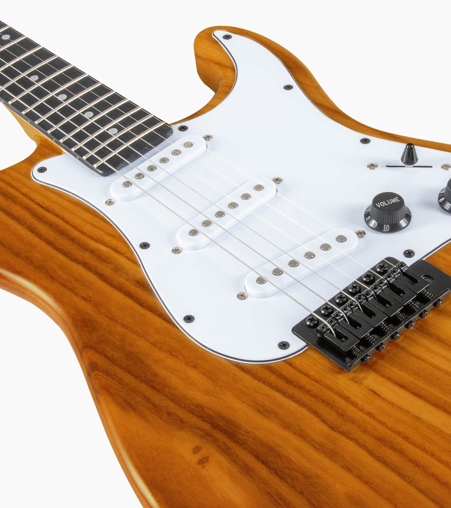 close-up of Mahogany double-cutaway beginner electric guitar