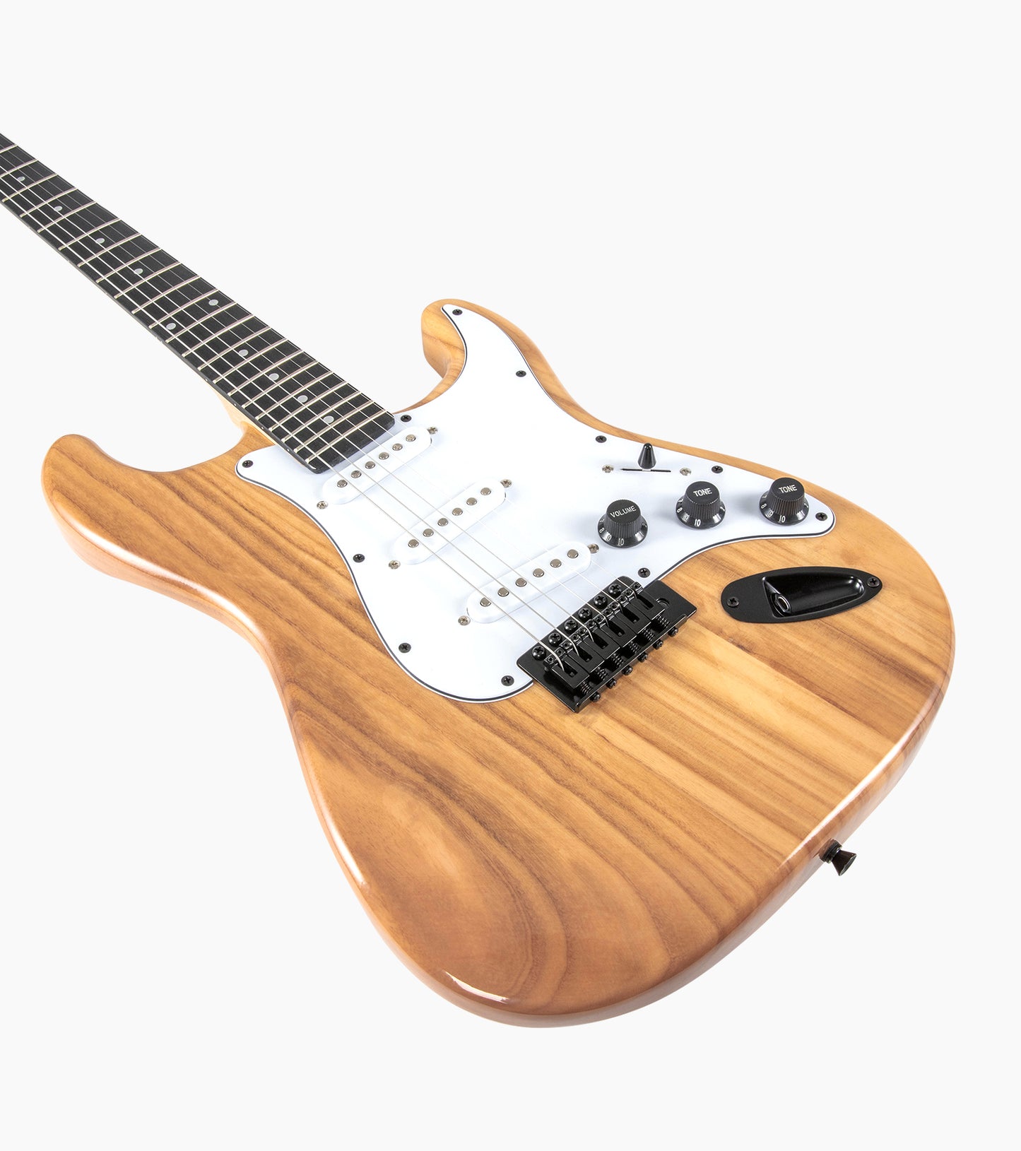 close-up of Natural double-cutaway beginner electric guitar