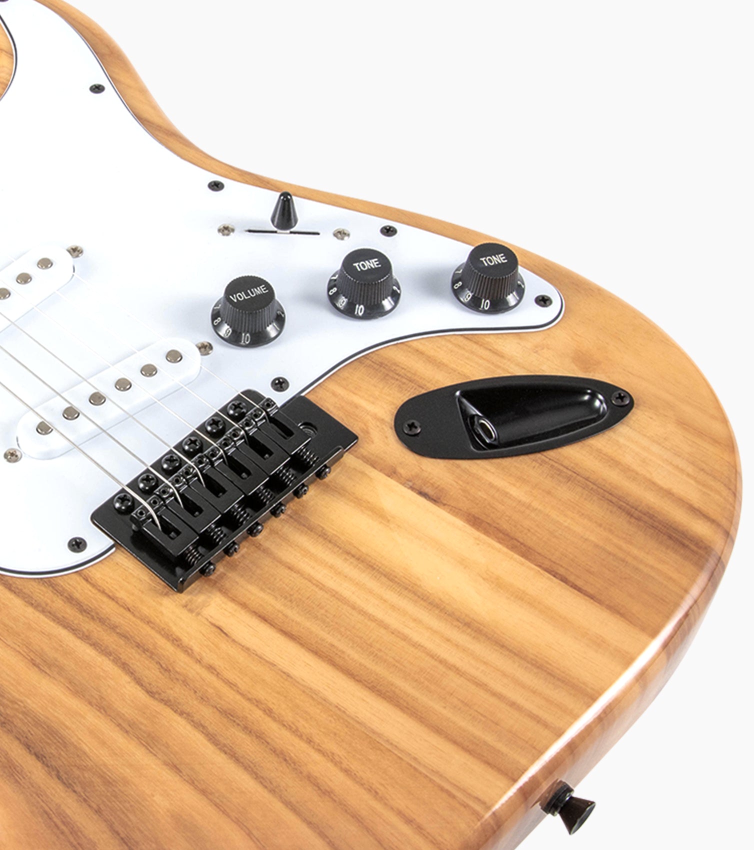 close-up of Natural double-cutaway beginner electric guitar