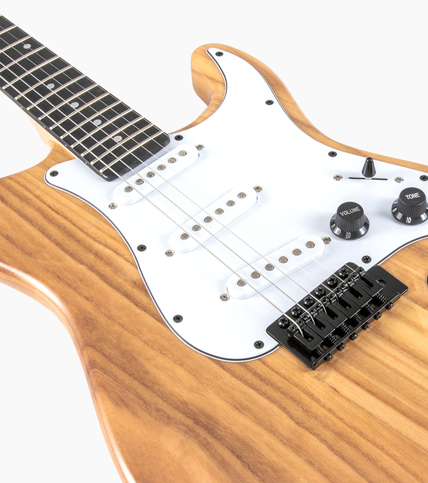 close-up of Natural double-cutaway beginner electric guitar