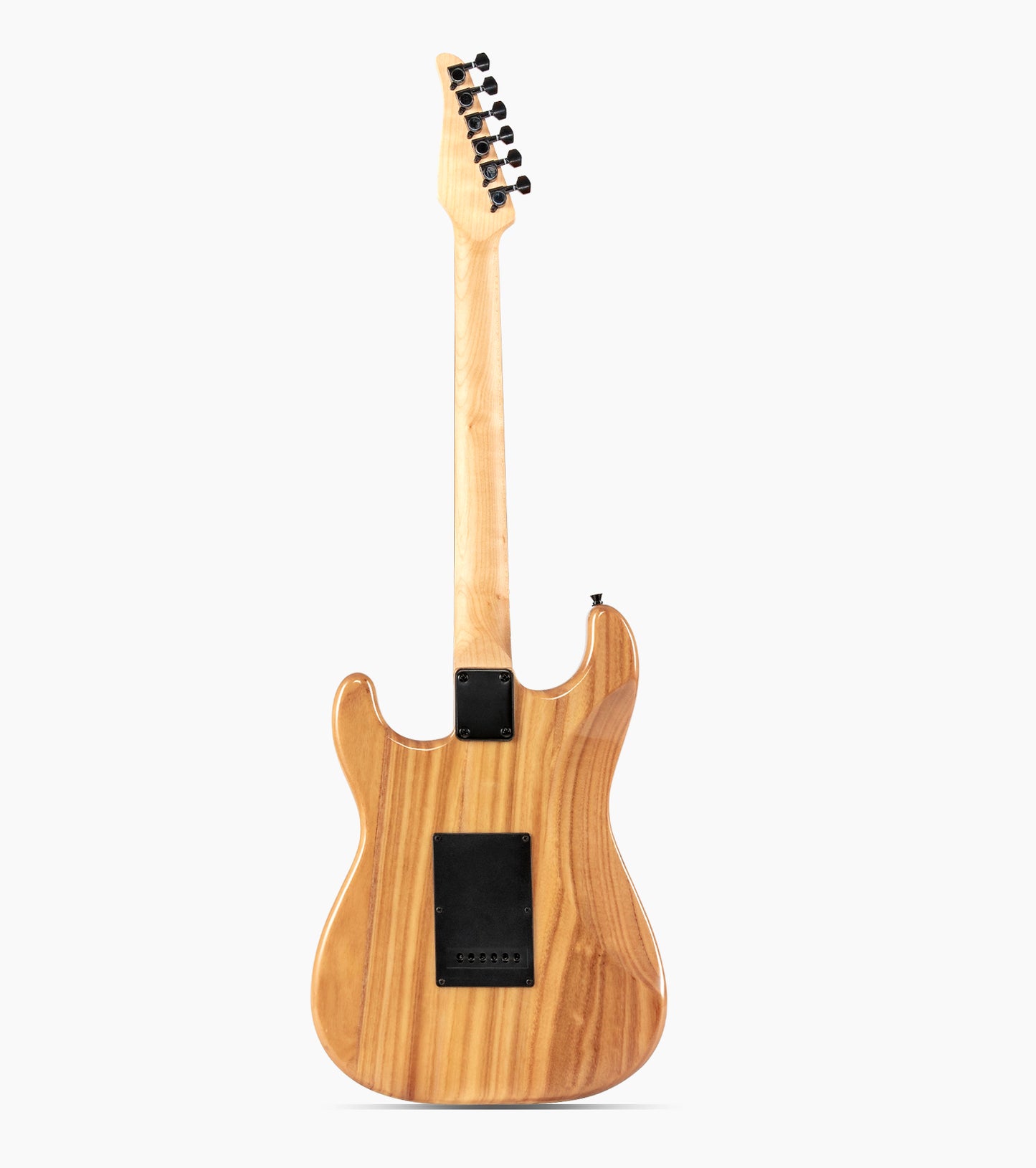 back of Natural double-cutaway beginner electric guitar