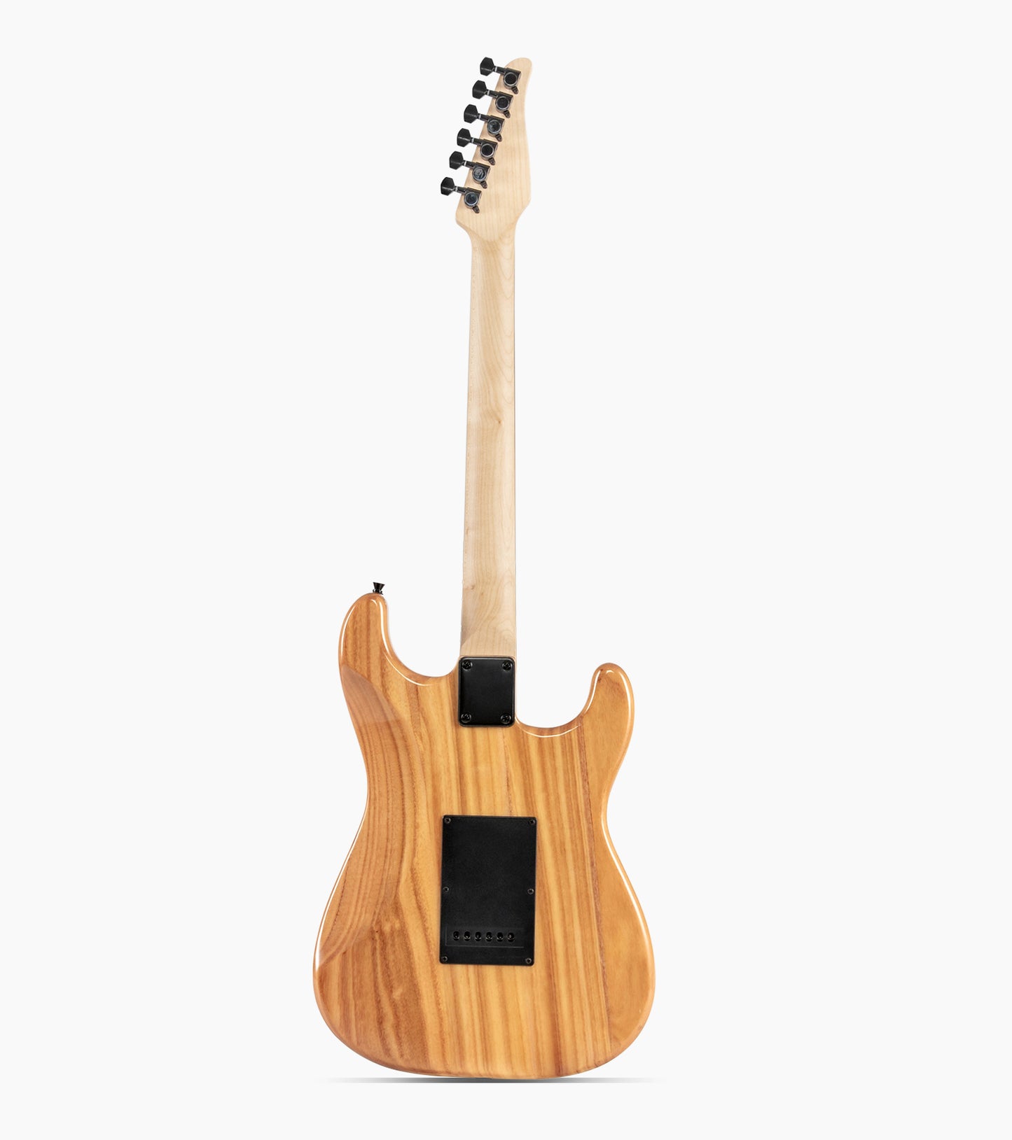 back of Left Handed Natural double-cutaway beginner electric guitar