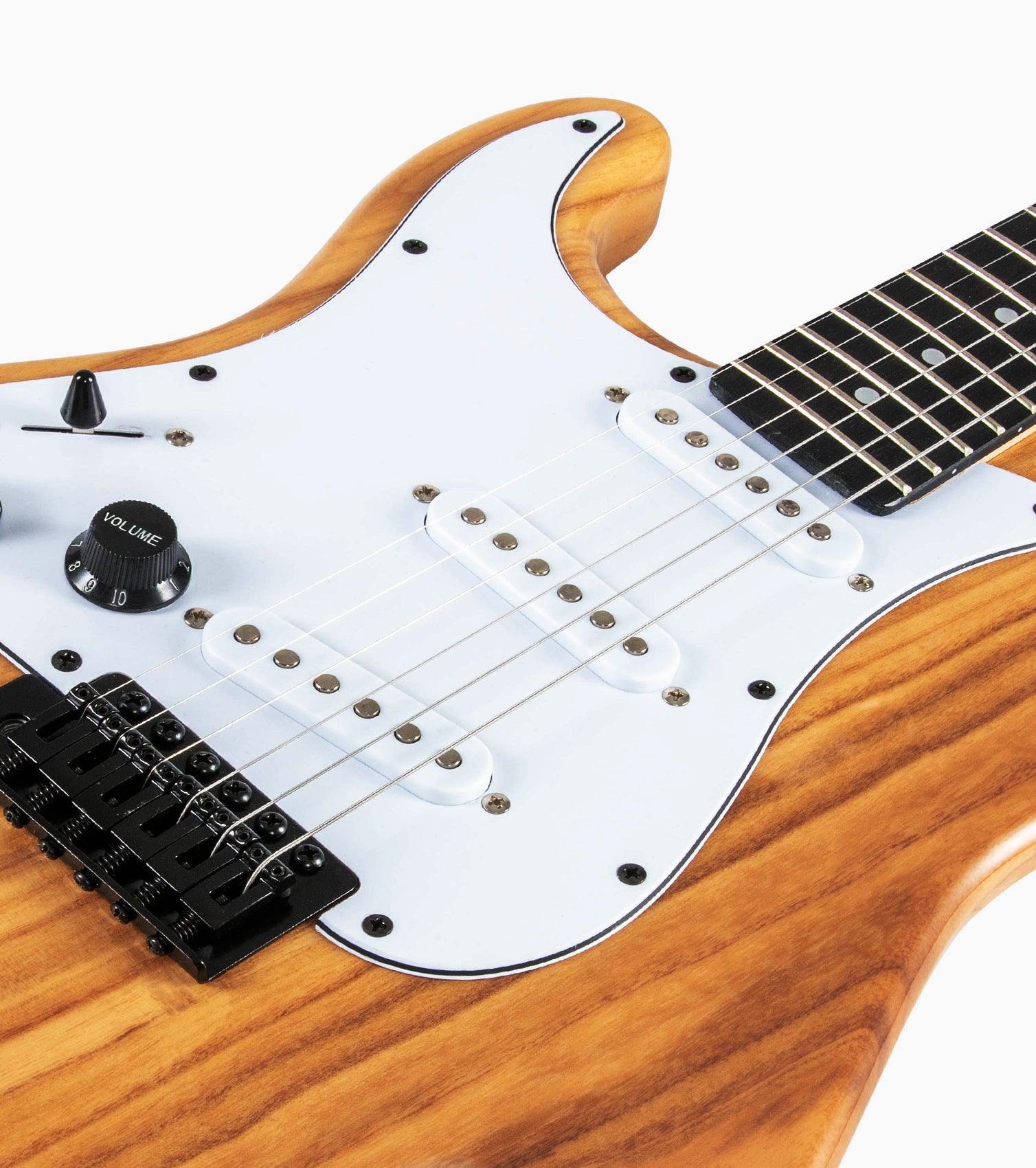 close-up of Sunbrust double-cutaway beginner electric guitar