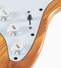 close-up of Sunbrust double-cutaway beginner electric guitar