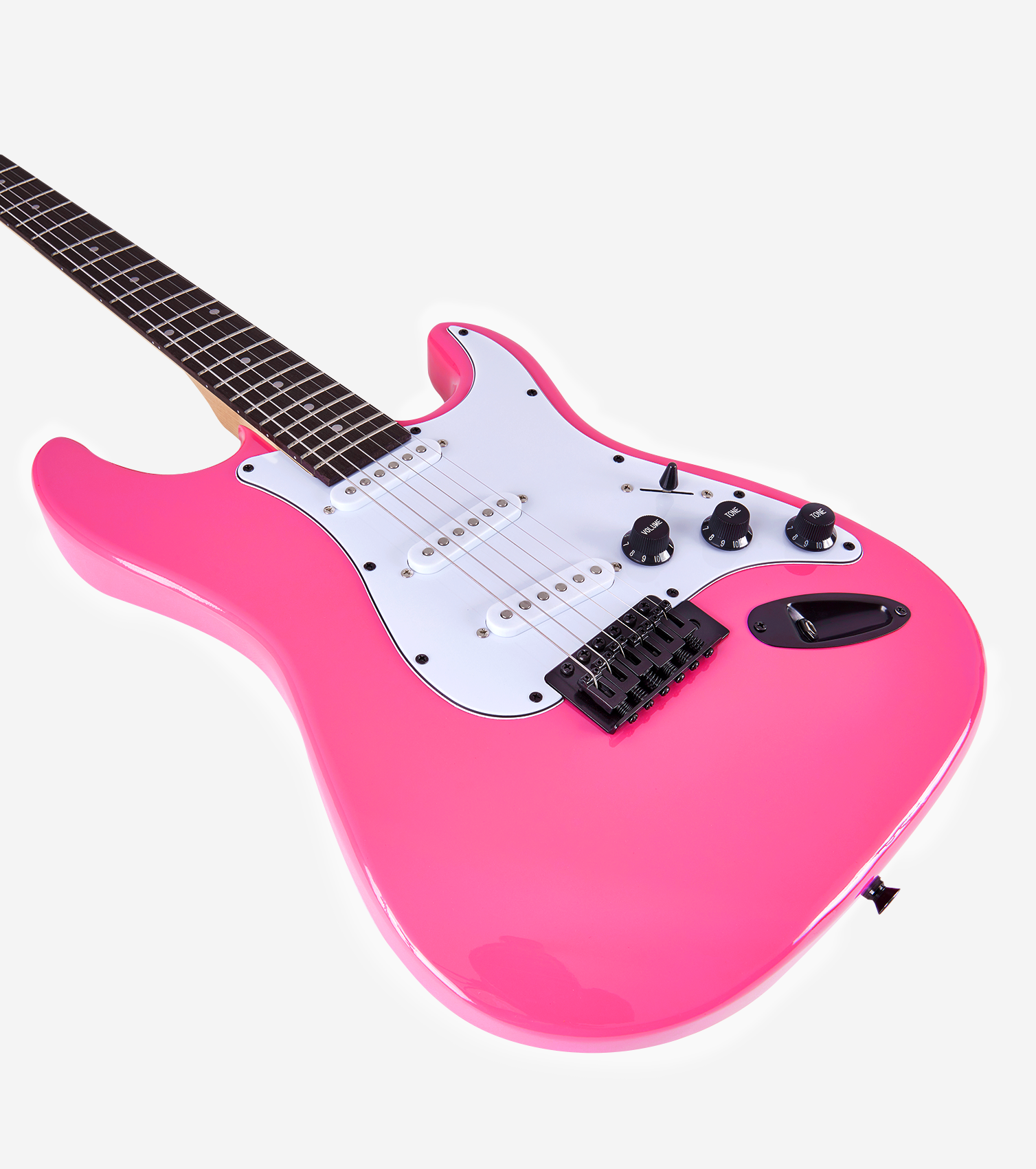 close-up of Pink double-cutaway beginner electric guitar