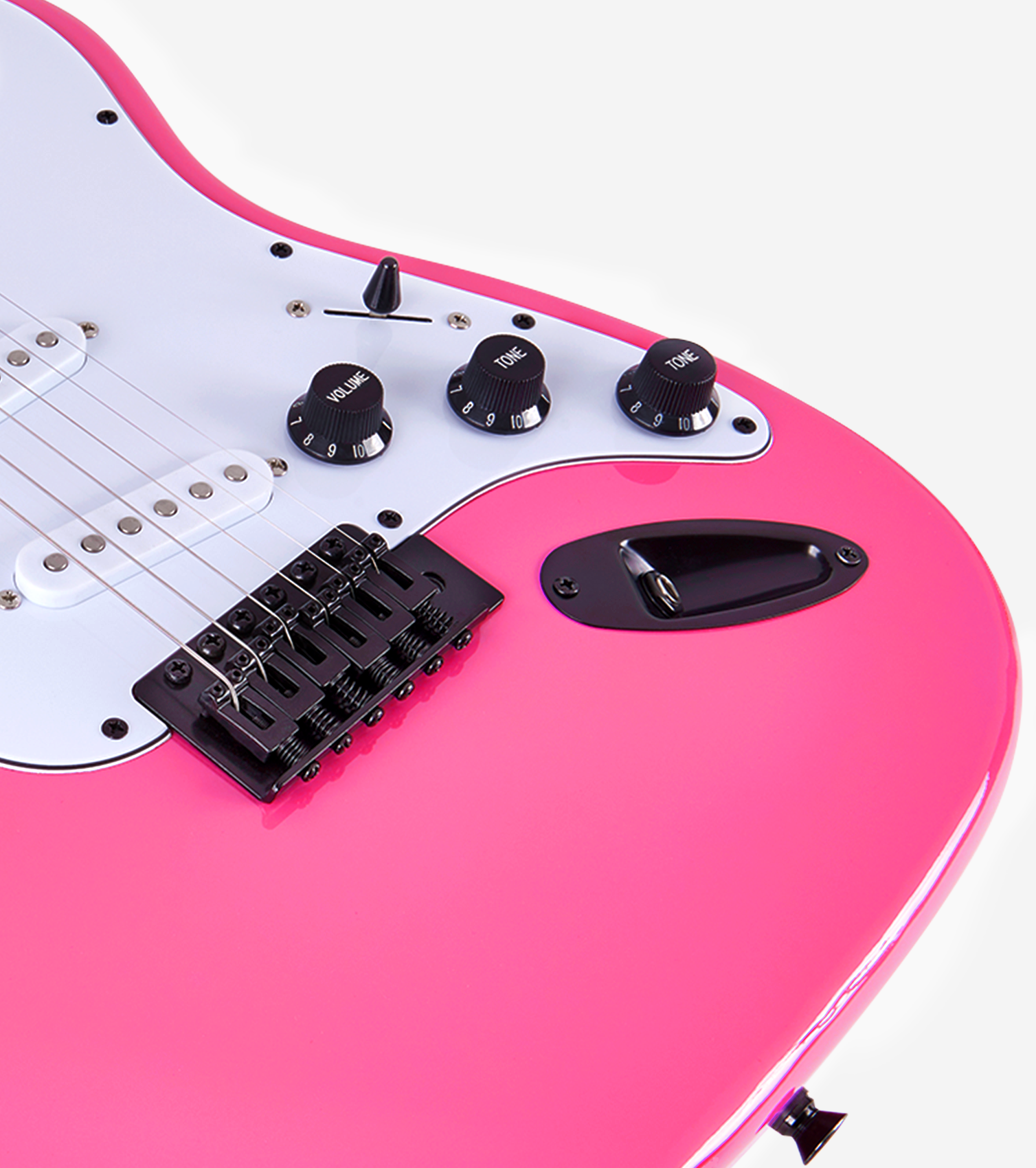 close-up of Pink double-cutaway beginner electric guitar