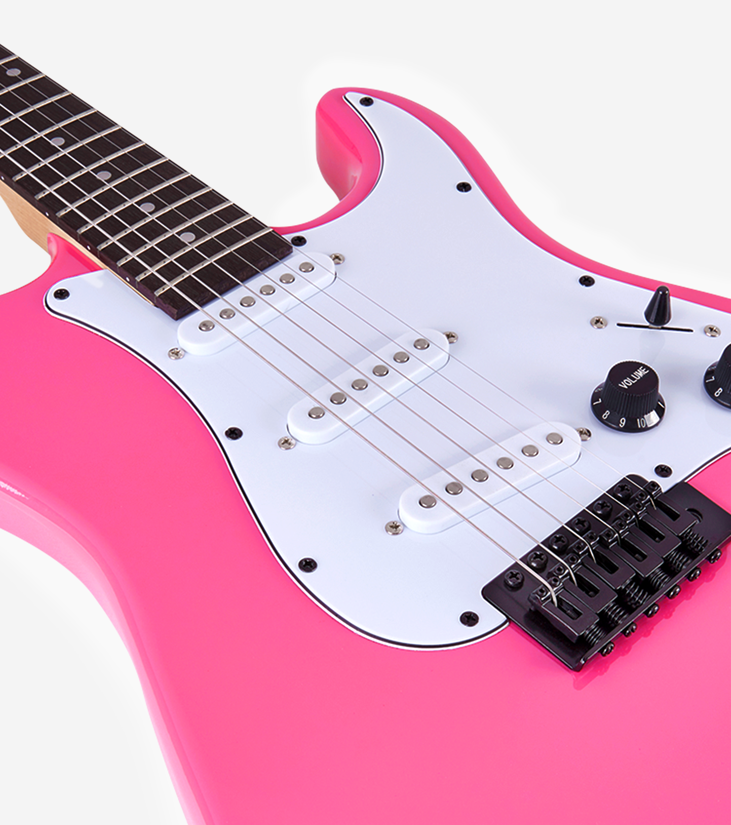 close-up of Pink double-cutaway beginner electric guitar